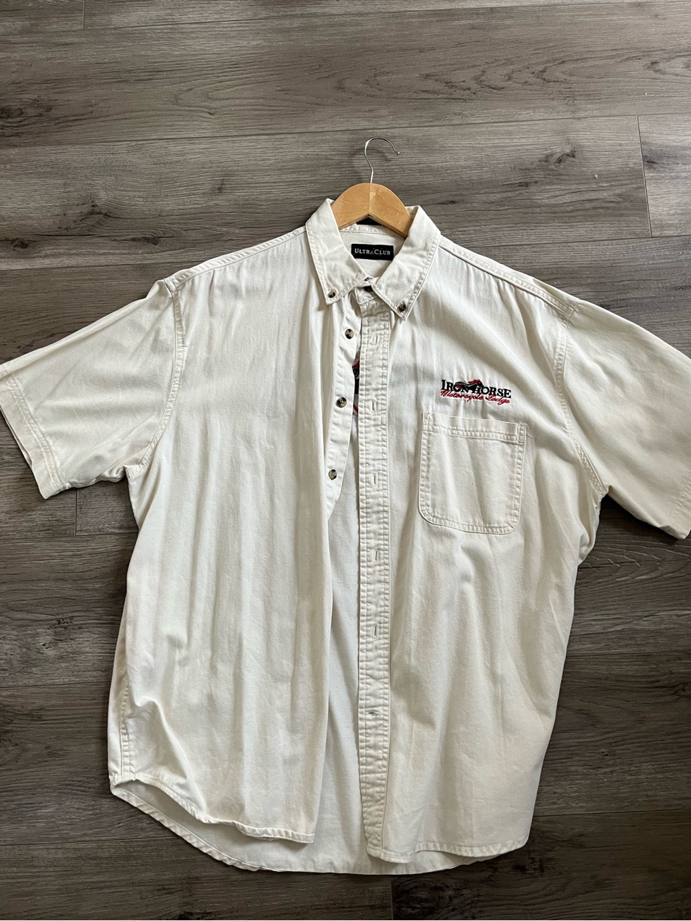 Ultra Club Men’s Short-Sleeve Button-Down Shirt in Cream with Embroidered Logo